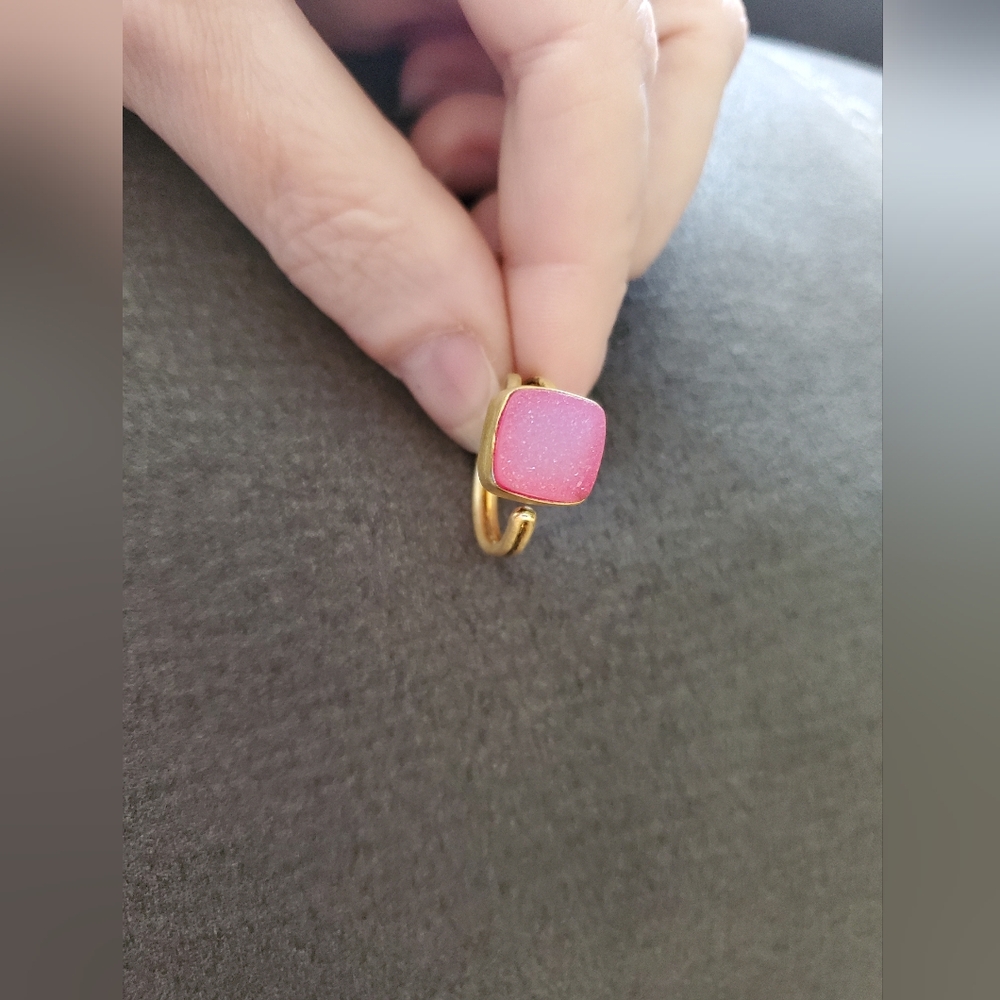 Pink Druzy Quartz Ring – Adjustable Brushed Gold-Toned Bezel Set Statement Ring - Picture 6 of 7